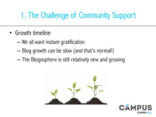 1. The Challenge of Community Support
•  Growth timeline
– We all want instant gratification
– Blog growth can be slow (and that’s normal!)
– The Blogosphere is still relatively new and growing
 