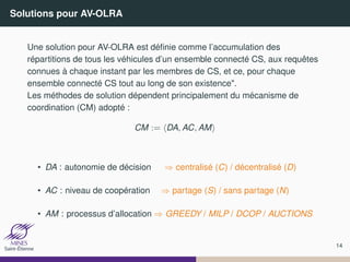 Solutions pour AV-OLRA
Une solution pour AV-OLRA est définie comme l’accumulation des
répartitions de tous les véhicules d...