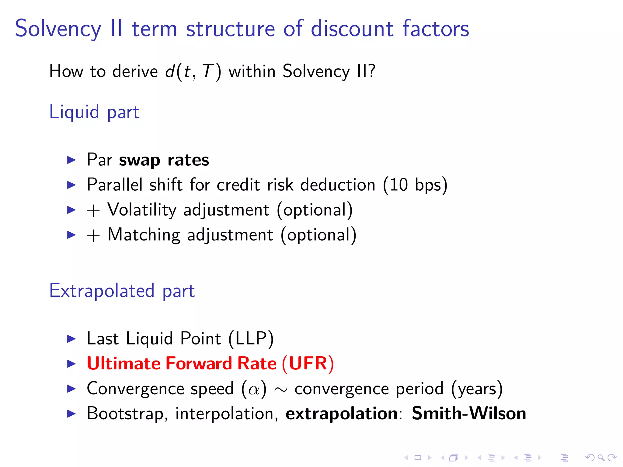 Solvency II term structure of discount factors
How to derive d(t, T) within Solvency II?
Liquid part
Par swap rates
Parallel shift for credit risk deduction (10 bps)
+ Volatility adjustment (optional)
+ Matching adjustment (optional)
Extrapolated part
Last Liquid Point (LLP)
Ultimate Forward Rate (UFR)
Convergence speed (α) ∼ convergence period (years)
Bootstrap, interpolation, extrapolation: Smith-Wilson
 