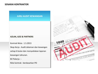 SENARAI KONTRAKTOR
JURU AUDIT KEWANGAN
AZLAN, AZIZ & PARTNERS
Kontrak Mula : 1.5.2013
Skop Kerja : Audit dalaman dan kewangan
setiap 6 bulan dan menyediakan laporan
kewangan tahunan.
Bil Pekerja : -
Nilai kontrak : berdasarkan PO
AZLAN, AZIZ & PARTNERS
Kontrak Mula : 1.5.2013
Skop Kerja : Audit dalaman dan kewangan
setiap 6 bulan dan menyediakan laporan
kewangan tahunan.
Bil Pekerja : -
Nilai kontrak : berdasarkan PO
 