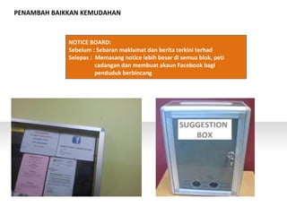 PENAMBAH BAIKKAN KEMUDAHAN
NOTICE BOARD:
Sebelum : Sebaran maklumat dan berita terkini terhad
Selepas : Memasang notice lebih besar di semua blok, peti
cadangan dan membuat akaun Facebook bagi
penduduk berbincang
 