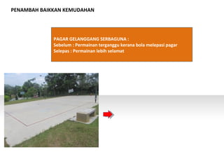 PENAMBAH BAIKKAN KEMUDAHAN
PAGAR GELANGGANG SERBAGUNA :
Sebelum : Permainan terganggu kerana bola melepasi pagar
Selepas : Permainan lebih selamat
 