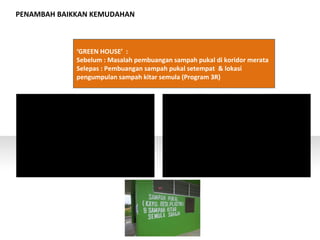 PENAMBAH BAIKKAN KEMUDAHAN
‘GREEN HOUSE’ :
Sebelum : Masalah pembuangan sampah pukal di koridor merata
Selepas : Pembuangan sampah pukal setempat & lokasi
pengumpulan sampah kitar semula (Program 3R)
 