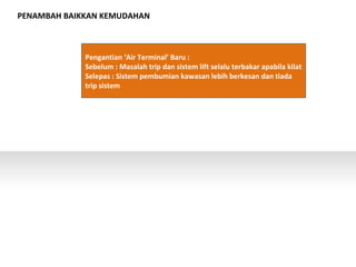 PENAMBAH BAIKKAN KEMUDAHAN
Pengantian ‘Air Terminal’ Baru :
Sebelum : Masalah trip dan sistem lift selalu terbakar apabila kilat
Selepas : Sistem pembumian kawasan lebih berkesan dan tiada
trip sistem
 