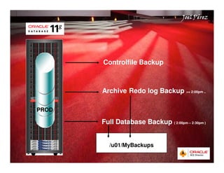 Quick Start Guide 
JJJJooooeeeellll PPPPéééérrrreeeezzzz 
Controlfile Backup 
Archive Redo log Backup = 2:00pm .. 
Full Database Backup ( 2:00pm – 2:30pm ) 
/u01/MyBackups 
PROD 
 