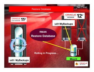 Quick Start Guide 
JJJJooooeeeellll PPPPéééérrrreeeezzzz 
Restore Database 
PROD 
/u01/ MyBackups 
/u01/MyBackups 
PROD 
Mount 
RMAN 
Restore Database 
Rolling in Progress… 
 