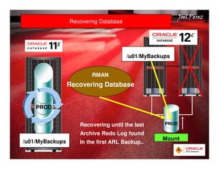 Quick Start Guide 
JJJJooooeeeellll PPPPéééérrrreeeezzzz 
Recovering Database 
PROD 
/u01/MyBackups 
/u01/MyBackups 
PROD 
Mount 
RMAN 
Recovering Database 
Recovering until the last 
Archive Redo Log found 
In the first ARL Backup.. 
 