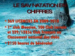 LE SAV NATATION EN CHIFFRES 369 LICENCIES EN 2009-2010 1 er  club Meusien, 10è Club Lorrain et 329/1285è Club Français au Classement national des clubs 2150 heures de bénévolat 