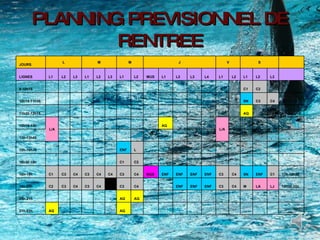 PLANNING PREVISIONNEL DE RENTREE JOURS L M M J V S   LIGNES L1 L2 L3 L1 L2 L3 L1 L2 MUS L1 L2 L3 L4 L1 L2 L1 L2 L3   9-10h15                               C1 C2     10h15-11h30                               SN C3 C4 10-11H30 11h30-12h15                               AQ       12h15-13h L/A                 AQ       L/A           13h-13h45                                   15h-16h30             ENF L                       16h30-18h             C1 C2                       18h-19h C1 C3 C4 C3 C4 C4 C3 C4 MUS ENF ENF ENF ENF C3 C4 SN ENF C1 17h-18h30 19h-20h C2 C3 C4 C3 C4   C3 C4     ENF ENF ENF C3 C4 M LA LJ 18h30-20h 20h-21h             AQ AQ                       21h-22h AQ           AQ                         