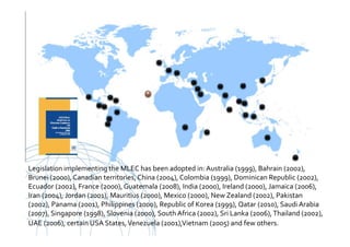 UNCITRAL United Nations Commission on International Trade Law
Legislation implementing the MLEC has been adopted in: Australia (1999), Bahrain (2002),
Brunei (2000), Canadian territories,China (2004), Colombia (1999), Dominican Republic (2002),
Ecuador (2002), France (2000), Guatemala (2008), India (2000), Ireland (2000), Jamaica (2006),
Iran (2004), Jordan (2001), Mauritius (2000), Mexico (2000), New Zealand (2002), Pakistan
(2002), Panama (2001), Philippines (2000), Republic of Korea (1999), Qatar (2010), Saudi Arabia
(2007), Singapore (1998), Slovenia (2000), South Africa (2002), Sri Lanka (2006),Thailand (2002),
UAE (2006), certain USA States,Venezuela (2001),Vietnam (2005) and few others.
 