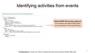 Identifying activities from events
11
https://api.github.com/users/zorro-bot[bot]/events?
https://api.github.com/users/zorro-bot[bot]/events?
N. Chidambaram, A. Decan, and T. Mens, “A dataset of bot and human activities in GitHub”, MSR, 2023.
GitHub REST API events endpoint:
Can retrieve the latest 300 events
of a contributor in the last 90 days
 