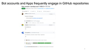 Bot accounts and Apps frequently engage in GitHub repositories
2
 