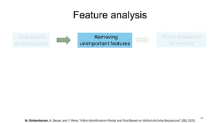28
Feature analysis
N. Chidambaram, A. Decan, and T. Mens, “A BotIdentification Model and Tool Based on GitHub Activity Sequences”, JSS, 2025.
Grid search
on training set
Removing
unimportant features
Model evaluation
on test set
 