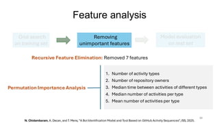 30
Permutation Importance Analysis
1. Number of activity types
2. Number of repository owners
3. Median time between activities of different types
4. Median number of activities per type
5. Mean number of activities per type
Recursive Feature Elimination: Removed 7 features
Feature analysis
N. Chidambaram, A. Decan, and T. Mens, “A BotIdentification Model and Tool Based on GitHub Activity Sequences”, JSS, 2025.
Grid search
on training set
Removing
unimportant features
Model evaluation
on test set
 
