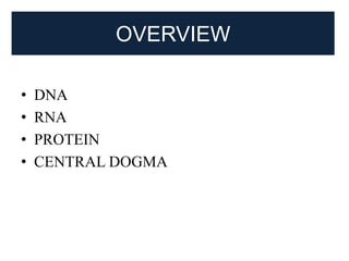 OVERVIEW
• DNA
• RNA
• PROTEIN
• CENTRAL DOGMA
 