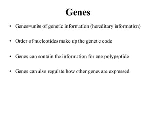 Genes
• Genes=units of genetic information (hereditary information)
• Order of nucleotides make up the genetic code
• Genes can contain the information for one polypeptide
• Genes can also regulate how other genes are expressed
 