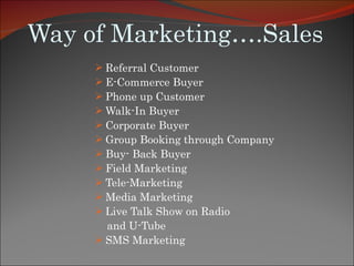 Way of Marketing….Sales Referral Customer E-Commerce Buyer Phone up Customer Walk-In Buyer Corporate Buyer Group Booking through Company Buy- Back Buyer Field Marketing Tele-Marketing Media Marketing Live Talk Show on Radio  and U-Tube SMS Marketing 