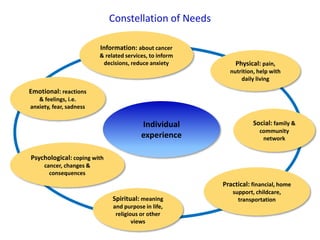 Constellation of Needs
Individual
experience
Spiritual: meaning
and purpose in life,
religious or other
views
Emotional: reactions
& feelings, i.e.
anxiety, fear, sadness
Practical: financial, home
support, childcare,
transportation
Social: family &
community
network
Physical: pain,
nutrition, help with
daily living
Information: about cancer
& related services, to inform
decisions, reduce anxiety
Psychological: coping with
cancer, changes &
consequences
 