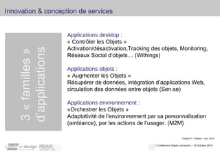 / Conférence Objets connectés – 10 Octobre 2014 
Innovation & conception de services 
3 « familles » 
d’applications 
Applications desktop : 
« Contrôler les Objets » 
Activation/désactivation,Tracking des objets, Monitoring, 
Réseaux Social d’objets… (Withings) 
Applications objets : 
« Augmenter les Objets » 
Récupérer de données, intégration d’applications Web, 
circulation des données entre objets (Sen.se) 
Applications environnement : 
«Orchestrer les Objets » 
Adaptativité de l’environnement par sa personnalisation 
(ambiance), par les actions de l’usager. (M2M) 
D’après P. Thébault / nov. 2013 
 