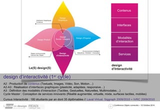 design d’interactivité (1er cycle) 
A2 : Production de contenus (Textuels, Images, Vidéo, Son, Motion…) 
A2-A3 : Réalisation d’interfaces graphiques (plasticité, adaptées, responsive…) 
A3 : Définition des modalités d’interaction (Tactiles, Gestuelles, Naturelles, Multimodales…) 
Cycle Master : Conception de services innovants (Réalité augmentée, virtuelle, mixte, surfaces tactiles, mobiles) 
Cursus Interactivité : 180 étudiants par an dont 35 diplômables // Laval Virtual, Siggraph 2009/2010 + IVRC 2009/2010 
/ Conférence Objets connectés – 10 Octobre 2014 
 