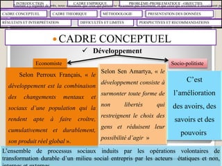 INTRODUCTION CADRE EMPIRIQUE PROBLÈME-PROBLEMATIQUE –OBJECTIFS
CADRE CONCEPTUEL CADRE THEORIQUE MÉTHODOLOGIE PRESENTATION DES DONNÉES
RÉSULTATS ET INTERPRÉTATION PERSPECTIVES ET RECOMMANDATIONSDIFFICULTÉS ET LIMITES
 CADRE CONCEPTUEL
10
Pourtant a y regarder de près, nous constatons que ceux qui partent ne reviennent pas forcement, et que ceux qui reviennent n’investissent pas
 Développement
Selon Perroux Français, « le
développement est la combinaison
des changements mentaux et
sociaux d’une population qui la
rendent apte à faire croître,
cumulativement et durablement,
son produit réel global ».
Economiste
Selon Sen Amartya, « le
développement consiste à
surmonter toute forme de
non libertés qui
restreignent le choix des
gens et réduisent leur
possibilité d’agir »
C’est
l’amélioration
des avoirs, des
savoirs et des
pouvoirs
Socio-politiste
L’ensemble de processus sociaux induits par les opérations volontaires de
transformation durable d’un milieu social entrepris par les acteurs étatiques et non,
 