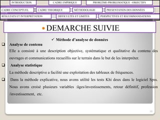 INTRODUCTION CADRE EMPIRIQUE PROBLÈME-PROBLEMATIQUE –OBJECTIFS
CADRE CONCEPTUEL CADRE THEORIQUE MÉTHODOLOGIE PRESENTATION DES DONNÉES
RÉSULTATS ET INTERPRÉTATION PERSPECTIVES ET RECOMMANDATIONSDIFFICULTÉS ET LIMITES
 DEMARCHE SUIVIE
16
 Méthode d’analyse de données
 Analyse de contenu
Elle a consisté à une description objective, systématique et qualitative du contenu des
ouvrages et communications recueillis sur le terrain dans le but de les interpréter.
 Analyse statistique
La méthode descriptive a facilité une exploitation des tableaux de fréquences.
 Dans la méthode explicative, nous avons utilité les tests Khi deux dans le logiciel Spss.
Nous avons croisé plusieurs variables :âges/investissements, retour définitif, profession
/investissement, etc.
 