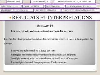 INTRODUCTION CADRE EMPIRIQUE PROBLÈME-PROBLEMATIQUE –OBJECTIFS
CADRE CONCEPTUEL CADRE THEORIQUE MÉTHODOLOGIE PRESENTATION DES DONNÉES
RÉSULTATS ET INTERPRÉTATIONS PERSPECTIVES ET RECOMMANDATIONSDIFFICULTÉS ET LIMITES
 RÉSULTATS ET INTERPRÉTATIONS
27
Résultat: VI
Les stratégies de redynamisation des actions des migrants
Stratégies nationales de redynamisation des actions des migrants
La stratégie allemand. Son programme d’aide au retour.
Stratégie internationale: les accords concertées France –Cameroun
Les soutiens relationnel ou la force des liens
En effet, les stratégies d’optimisation des externalités positives liées à la migration des
diverses.
 