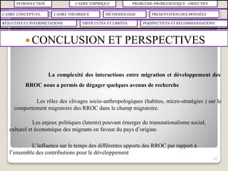 INTRODUCTION CADRE EMPIRIQUE PROBLÈME-PROBLEMATIQUE –OBJECTIFS
CADRE CONCEPTUEL CADRE THEORIQUE MÉTHODOLOGIE PRESENTATION DES DONNÉES
RÉSULTATS ET INTERPRÉTATIONS PERSPECTIVES ET RECOMMANDATIONSDIFFICULTÉS ET LIMITES
 CONCLUSION ET PERSPECTIVES
30
La complexité des interactions entre migration et développement des
RROC nous a permis de dégager quelques avenus de recherche
Les rôles des clivages socio-anthropologiques (habitus, micro-stratégies ) sur le
comportement migratoire des RROC dans le champ migratoire.
Les enjeux politiques (latents) pouvant émerger du transnationalisme social,
culturel et économique des migrants en faveur du pays d’origine.
L’influence sur le temps des différentes apports des RROC par rapport à
l’ensemble des contributions pour le développement
 