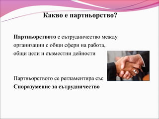 Какво е партньорство?


Партньорството е сътрудничество между
организации с общи сфери на работа,
общи цели и съвместни дейности



Партньорството се регламентира със
Споразумение за сътрудничество
 