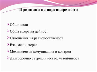 Принципи на партньорството


Общи цели
Обща сфера на дейност
Отношения на равнопоставеност
Взаимен интерес
Механизми за комуникация и контрол
Дългосрочно сътрудничество, устойчивост
 