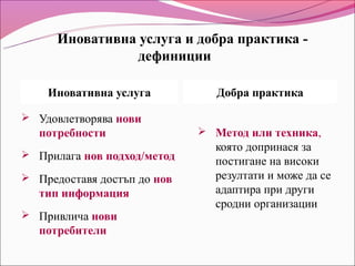 Иновативна услуга и добра практика -
                 дефиниции

    Иновативна услуга           Добра практика

 Удовлетворява нови
   потребности                Метод или техника,
                               която допринася за
 Прилага нов подход/метод
                               постигане на високи
 Предоставя достъп до нов     резултати и може да се
   тип информация              адаптира при други
                               сродни организации
 Привлича нови
   потребители
 