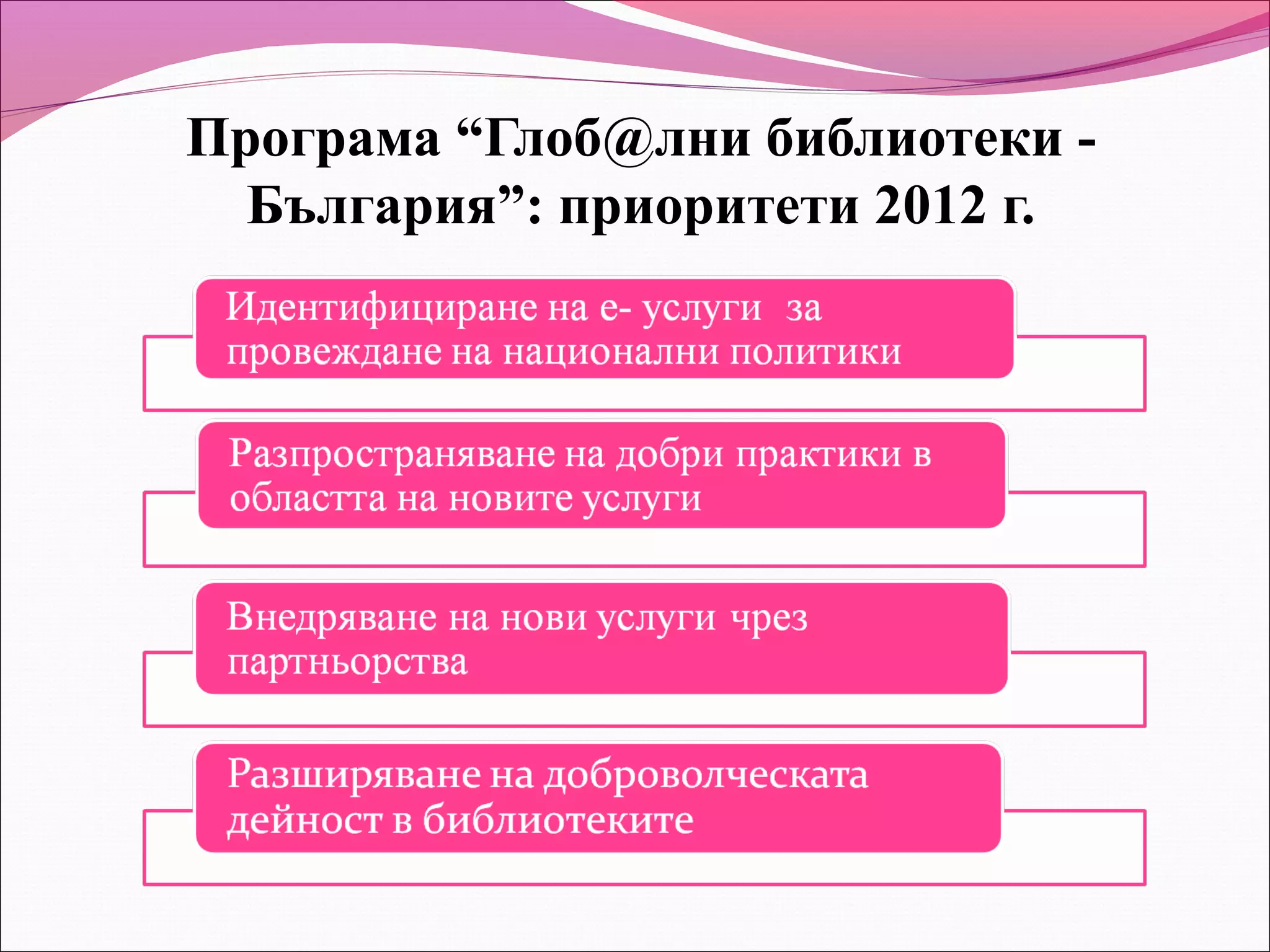 Програма “Глоб@лни библиотеки -
  България”: приоритети 2012 г.
 