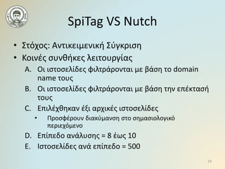 SpiTag VS Nutch
• Στόχος: Αντικειμενική Σύγκριση
• Κοινές συνθήκες λειτουργίας
A. Οι ιστοσελίδες φιλτράρονται με βάση το d...