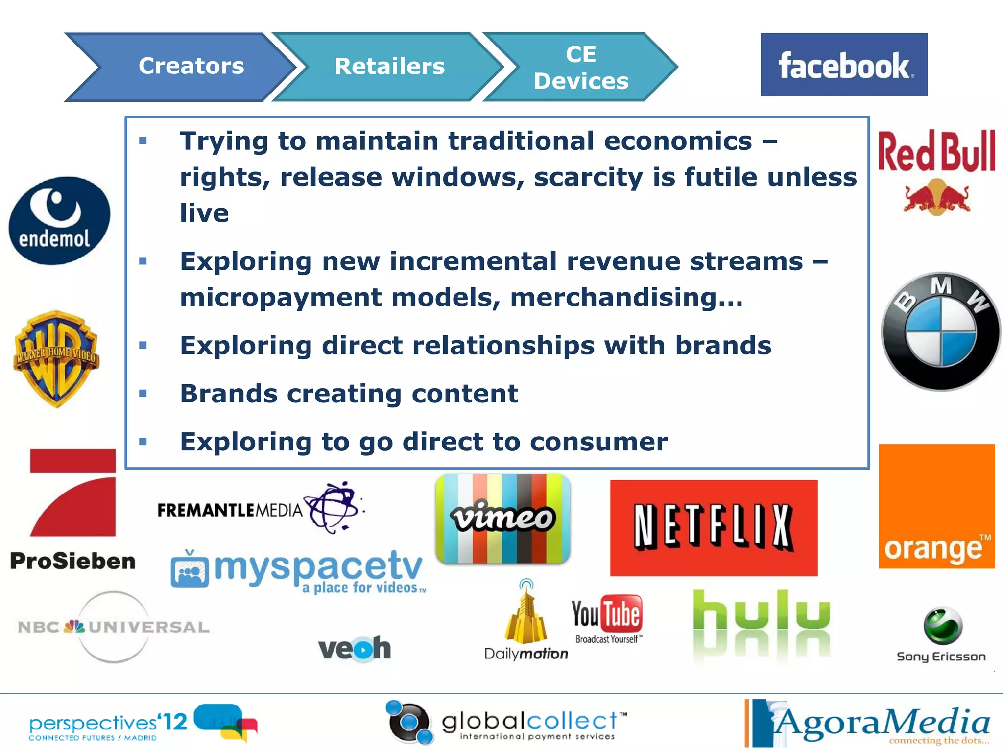 CE
                              Distributors
Creators       Retailers
                              Devices

   Trying to maintain traditional economics –
    rights, release windows, scarcity is futile unless
    live
   Exploring new incremental revenue streams –
    micropayment models, merchandising…
   Exploring direct relationships with brands
   Brands creating content
   Exploring to go direct to consumer
 