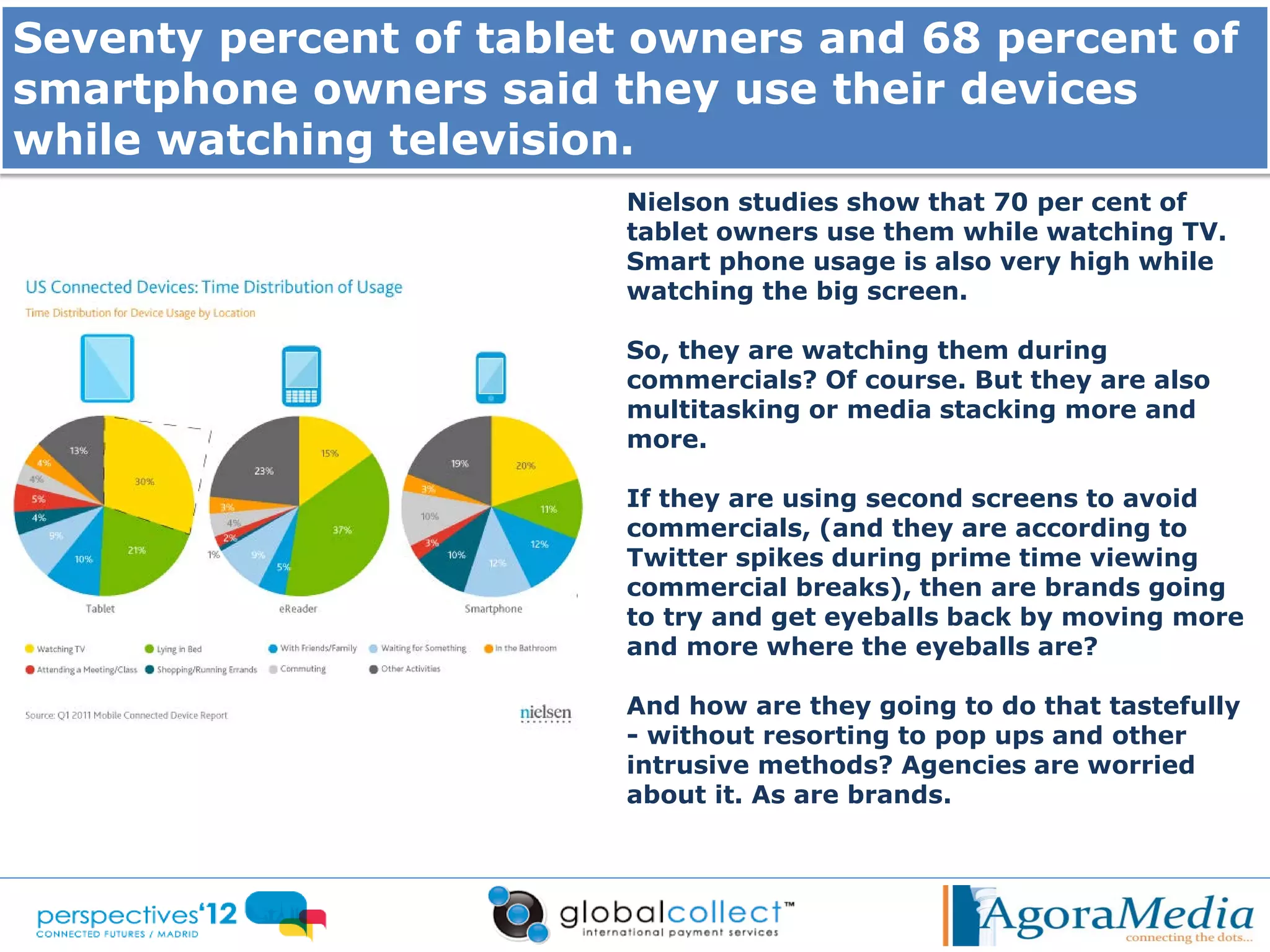Seventy percent of tablet owners and 68 percent of
smartphone owners said they use their devices
while watching television.
                         Nielson studies show that 70 per cent of
                         tablet owners use them while watching TV.
                         Smart phone usage is also very high while
                         watching the big screen.

                         So, they are watching them during
                         commercials? Of course. But they are also
                         multitasking or media stacking more and
                         more.

                         If they are using second screens to avoid
                         commercials, (and they are according to
                         Twitter spikes during prime time viewing
                         commercial breaks), then are brands going
                         to try and get eyeballs back by moving more
                         and more where the eyeballs are?

                         And how are they going to do that tastefully
                         - without resorting to pop ups and other
                         intrusive methods? Agencies are worried
                         about it. As are brands.
 