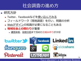 TOKYO JOHO UNIVERSITYTOKYO UNIVERSITY OF INFORMATION SCIENCES
社会調査の進め方
14
 研究方針
 Twitter、Facebookなどを使い込んでみる
 フィールドワーク（現地調査）を行い、問題の分析
 Webデザインの知識が必要になることもある
 地域社会との関わりが重要
 運営体制、役割分担まで含めた仕組み作りが大切
 