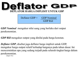 Chapter Two
GDP Nominal mengukur nilai uang yang berlaku dari output
perekonomian.
GDP Riil mengukur output yang dinilai pada harga konstan.
Deflator GDP, disebut juga deflator harga implisit untuk GDP,
mengukur harga output relatif terhadap harganya pada tahun dasar. Ini
mencerminkan apa yang sedang terjadi pada seluruh tingkat harga dalam
perekonomian.
Deflator GDP = GDP Nominal
GDP Riil
DEFLATOR HARGA IMPLISIT UNTUK GDP
 