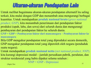 Untuk melihat bagaimana ukuran-ukuran pendapatan alternatif itu saling 
terkait, kita mulai dengan GDP dan menambah atau mengurangi berbagai 
kuantitas. Untuk mendapatkan produk nasional bruto (gross national 
product, GNP), kita menambah penerimaan dari pendapatan faktor 
produksi (upah, laba, dan sewa) dari seluruh dunia dan mengurangi 
pembayaran dari pendapatan faktor ke seluruh dunia. 
GNP = GDP + Pembayaran faktor dari mancanegara – Pembayaran faktor ke 
mancanegara 
Bila GDP mengukur pendapatan total yang diproduksi secara domestik, 
GNP mengukur pendapatan total yang diperoleh oleh negara (penduduk 
suatu negara). 
Untuk mendapatkan produk nasional netto (net national product, NNP), 
kita kurangi depresiasi modal—jumlah persediaan pabrik, peralatan, dan 
struktur residensial yang habis dipakai selama setahun : 
NNP = GNP - Depresiasi 
Chapter Two 11 
 
