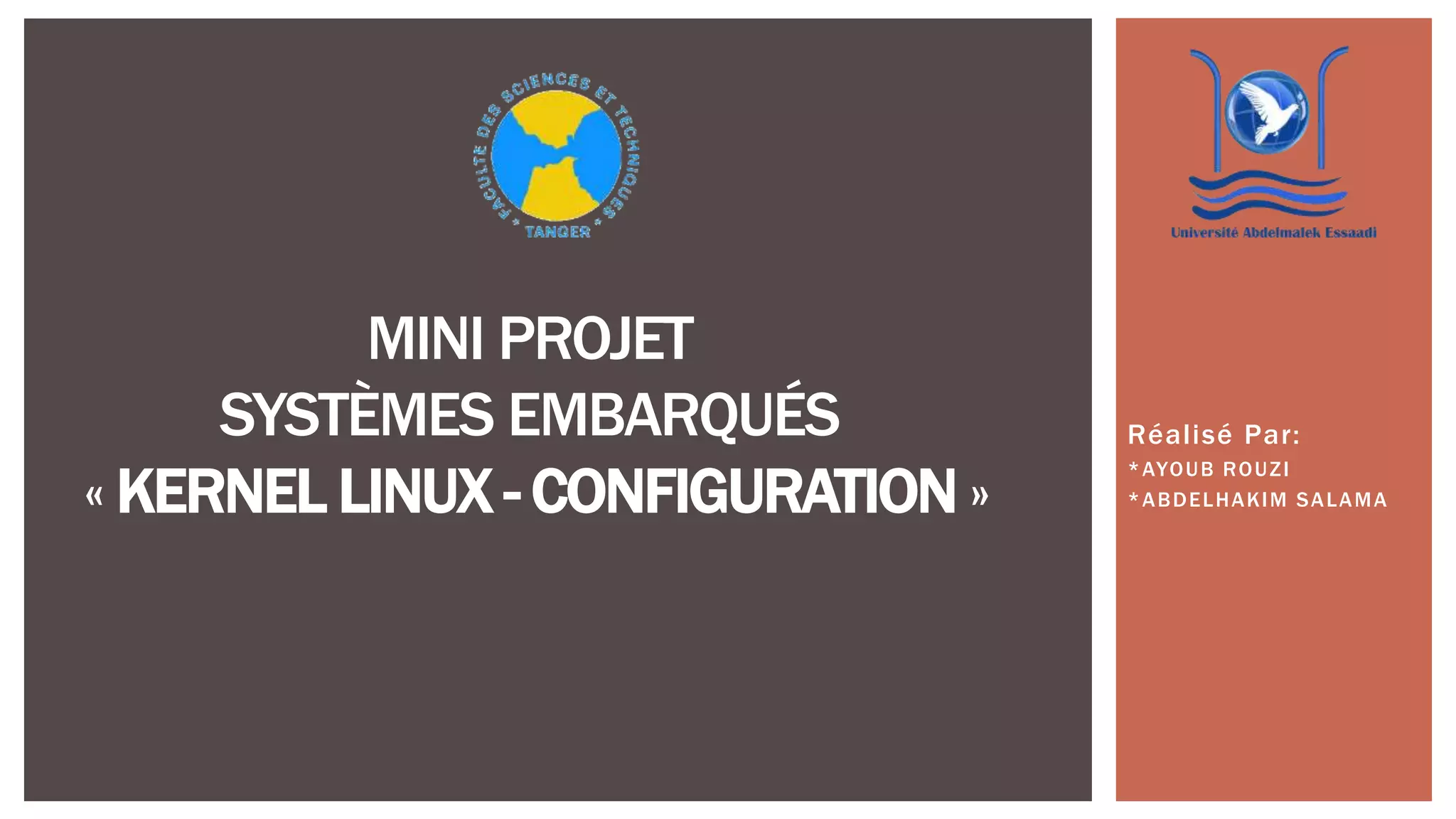 Réalisé Par: *AYOUB ROUZI *ABDELHAKIM SALAMA MINI PROJET SYSTÈMES EMBARQUÉS « KERNEL LINUX - CONFIGURATION » 