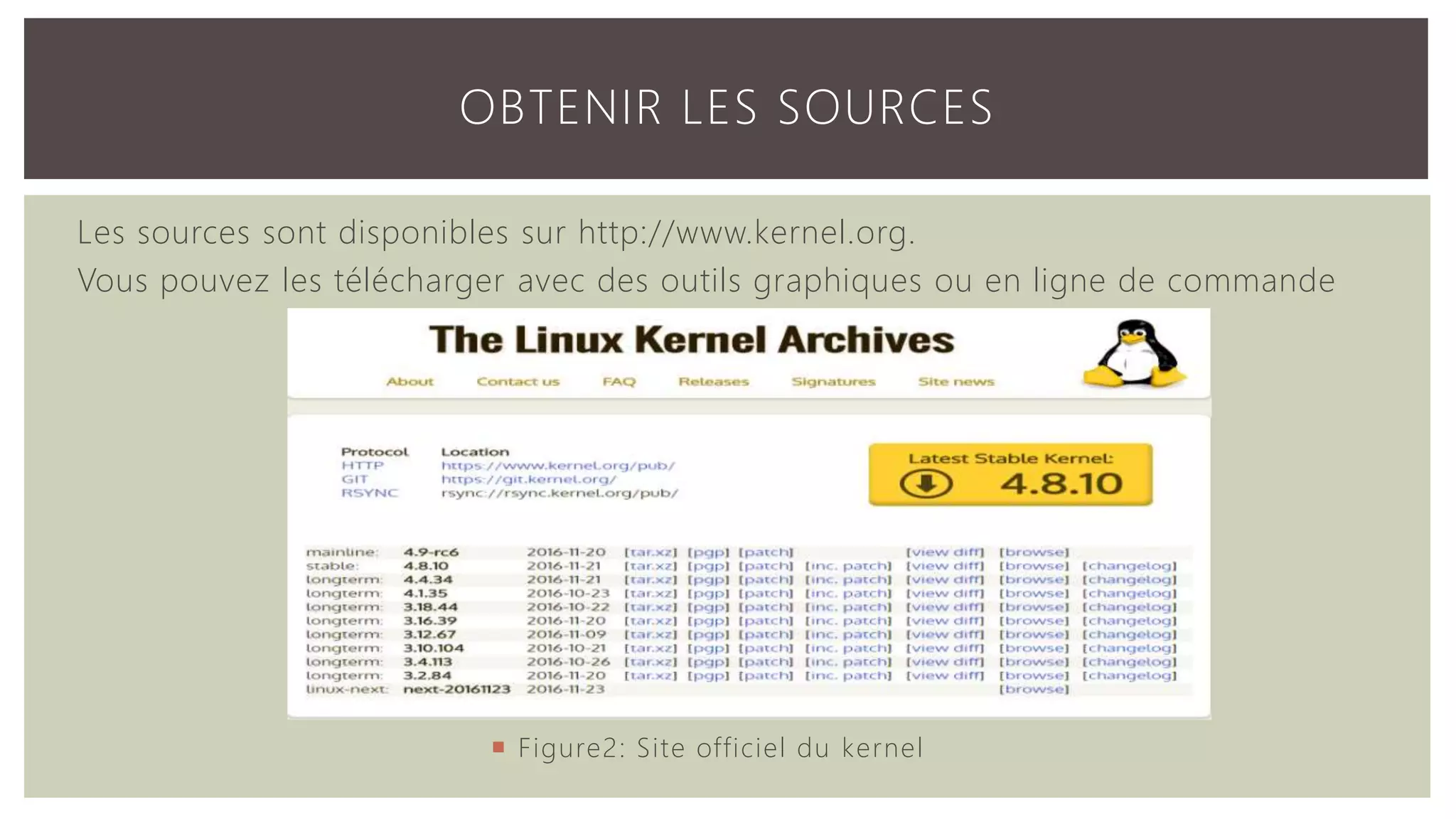 Les sources sont disponibles sur http://www.kernel.org. Vous pouvez les télécharger avec des outils graphiques ou en ligne de commande OBTENIR LES SOURCES  Figure2: Site officiel du kernel 