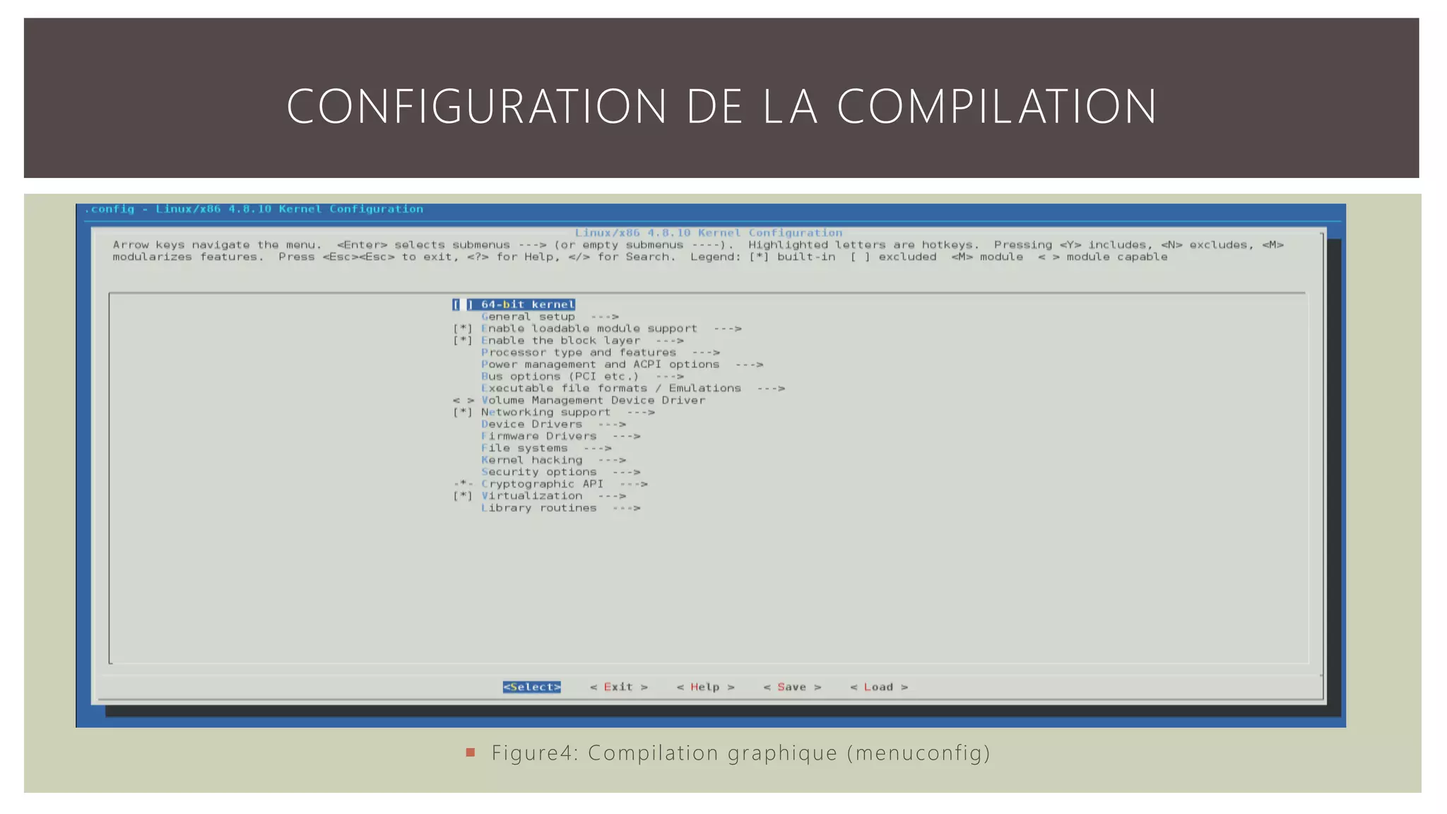  Pendant la compilation on va ajouter les modules qu’on veut et ignorer les autres. CONFIGURATION DE LA COMPILATION  Figure4: Compilation graphique (menuconfig) 