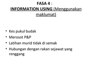 FASA 4 :
    INFORMATION USING (Menggunakan
              maklumat)


•   Kes pukul budak
•   Merosot P&P
•   Latihan murid tidak di semak
•   Hubungan dengan rakan sejawat yang
    renggang
 