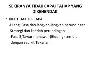 SEKIRANYA TIDAK CAPAI TAHAP YANG
            DIKEHENDAKI
• JIKA TIDAK TERCAPAI
  -Ulangi Fasa dan langkah-langkah perundingan
  -Strategi dan kaedah perundingan
   -Fasa 5,Tawar menawar (Bidding) semula.
    dengan sedikit Tekanan.
 