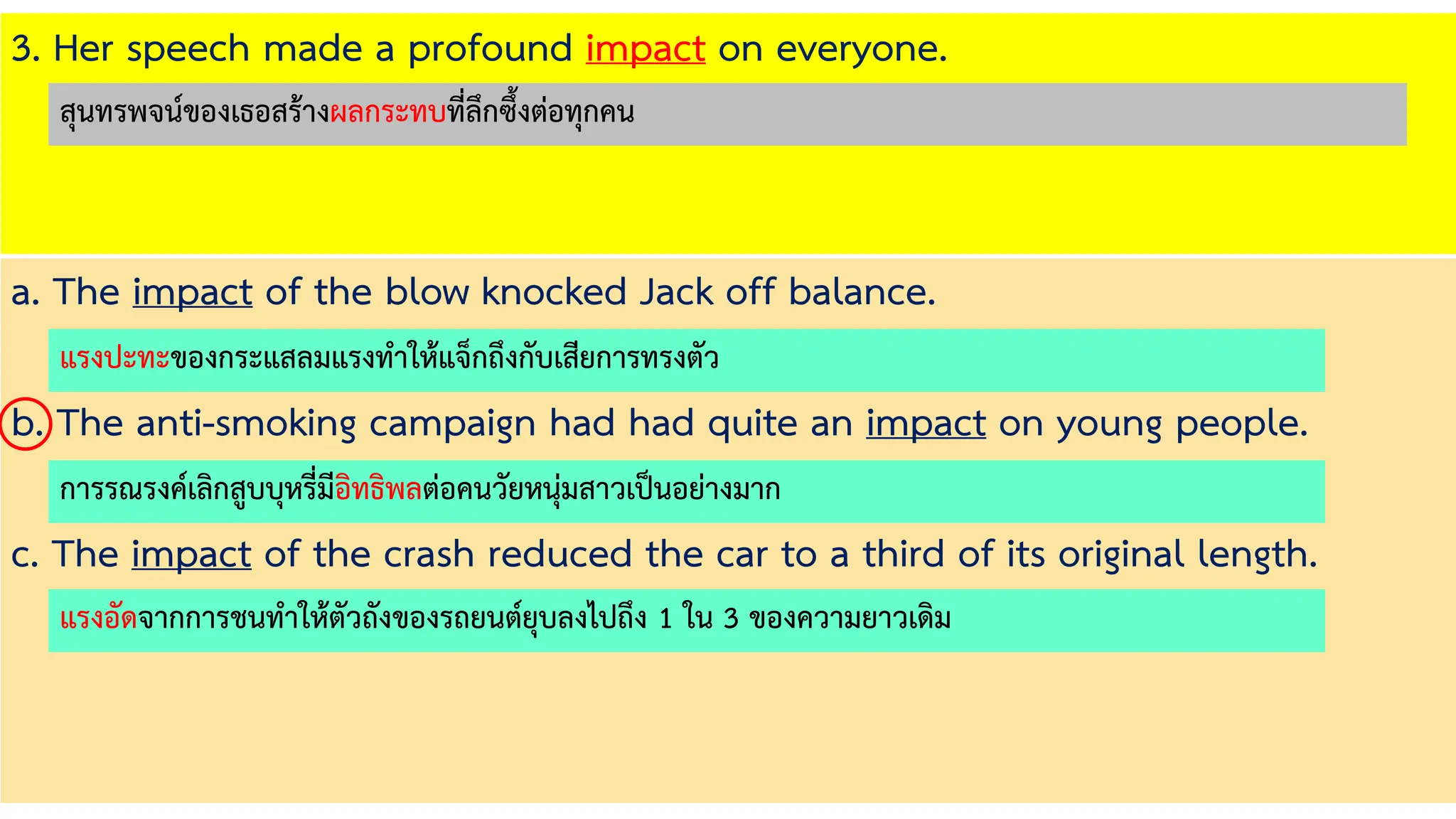 3. Her speech made a profound impact on everyone.
a. The impact of the blow knocked Jack off balance.
b. The anti-smoking campaign had had quite an impact on young people.
c. The impact of the crash reduced the car to a third of its original length.
แรงปะทะของกระแสลมแรงทาให้แจ็กถึงกับเสียการทรงตัว
การรณรงค์เลิกสูบบุหรี่มีอิทธิพลต่อคนวัยหนุ่มสาวเป็นอย่างมาก
แรงอัดจากการชนทาให้ตัวถังของรถยนต์ยุบลงไปถึง 1 ใน 3 ของความยาวเดิม
สุนทรพจน์ของเธอสร้างผลกระทบที่ลึกซึ้งต่อทุกคน
 