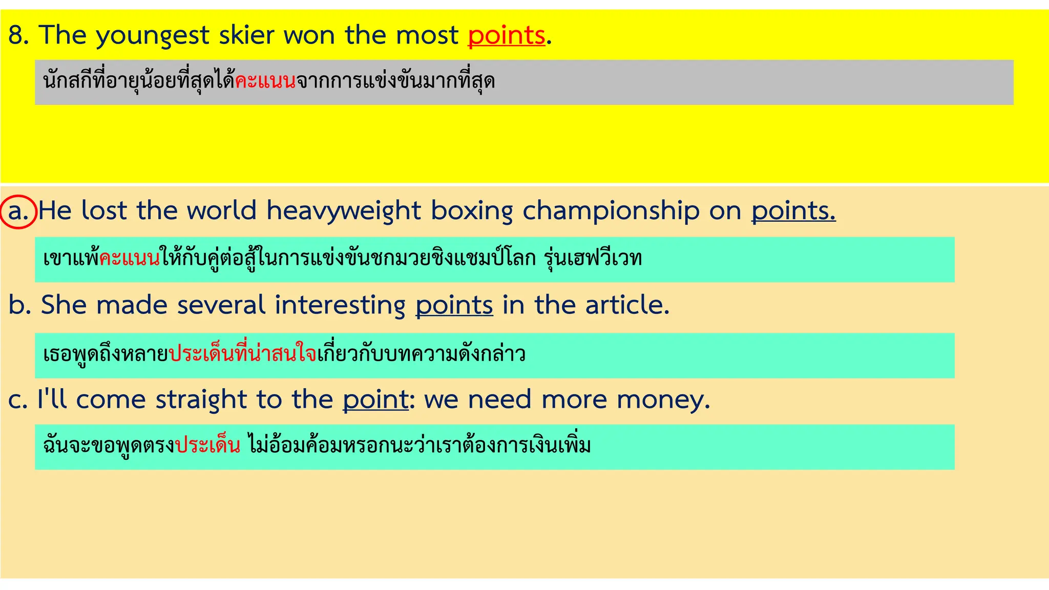 8. The youngest skier won the most points.
a. He lost the world heavyweight boxing championship on points.
b. She made several interesting points in the article.
c. I'll come straight to the point: we need more money.
เขาแพ้คะแนนให้กับคู่ต่อสู้ในการแข่งขันชกมวยชิงแชมป์โลก รุ่นเฮฟวีเวท
เธอพูดถึงหลายประเด็นที่น่าสนใจเกี่ยวกับบทความดังกล่าว
ฉันจะขอพูดตรงประเด็น ไม่อ้อมค้อมหรอกนะว่าเราต้องการเงินเพิ่ม
นักสกีที่อายุน้อยที่สุดได้คะแนนจากการแข่งขันมากที่สุด
 