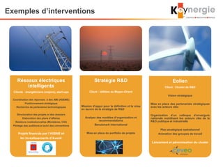 Réseaux électriques
intelligents
Clients : énergéticiens (majors), start-ups
Coordination des réponses à des AMI (ADEME)
Positionnement stratégique
Recherche de partenaires technologiques
Structuration des projets et des dossiers
Elaboration des plans d’affaires
Relations institutionnelles (Ministères, CGI)
Pilotage des auditions et suivi des conventions
Projets financés par l’ADEME et
les Investissements d’Avenir
Stratégie R&D
Client : Utilities au Moyen-Orient
Mission d’appui pour la définition et la mise
en œuvre de la stratégie de R&D
Analyse des modèles d’organisation et
recommandations
Benchmark international
Mise en place du portfolio de projets
Eolien
Client : Cluster de R&D
Vision stratégique
Mise en place des partenariats stratégiques
avec les acteurs clés
Organisation d’un colloque d’envergure
nationale mobilisant les acteurs clés de la
R&D publique et industrielle
Plan stratégique opérationnel
Animation des groupes de travail
Lancement et pérennisation du cluster
Exemples d’interventions
 