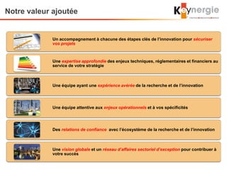 Notre valeur ajoutée
Un accompagnement à chacune des étapes clés de l’innovation pour sécuriser
vos projets
Une expertise approfondie des enjeux techniques, réglementaires et financiers au
service de votre stratégie
Une équipe ayant une expérience avérée de la recherche et de l’innovation
Une équipe attentive aux enjeux opérationnels et à vos spécificités
Des relations de confiance avec l’écosystème de la recherche et de l’innovation
Une vision globale et un réseau d’affaires sectoriel d’exception pour contribuer à
votre succès
 