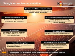 L’énergie un secteur en mutation…
…qui impose aux acteurs de revoir leurs modèles et d’inventer demain
Accroissement des flux de nouvelles
connaissances, open innovation…
Nouveaux modèles de R&D
Smart-metering, smart-grids, Blockchain,
big data, Internet des objets, véhicules
électriques, Stockage…
Technologies
Ouverture des marchés, fin des tarifs
réglementés, fin des tarifs de rachat ENR,
marchés de capacité
Un contexte réglementaire en évolution
Marché électrique européen, Prix des matières
premières, volatilité des marchés…
Environnement économique incertain
Demand response, tarification dynamique,
services efficacité énergétique, plateformes
digitales, autoconsommation…
Nouveaux services ou modèles
Agrégateurs, entreprises du digital, start-up…
Nouveaux acteurs
Enjeux climatiques, rôle des acteurs locaux,
développement des EnR…
Transition énergétique
 