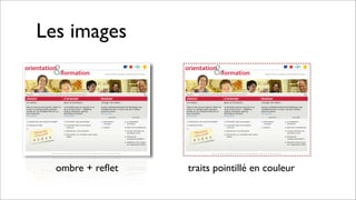 Les images
ombre + reﬂet traits pointillé en couleur
 