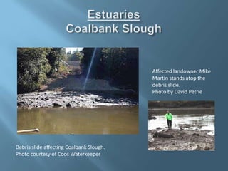 Debris slide affecting Coalbank Slough.
Photo courtesy of Coos Waterkeeper
Affected landowner Mike
Martin stands atop the
debris slide.
Photo by David Petrie
 